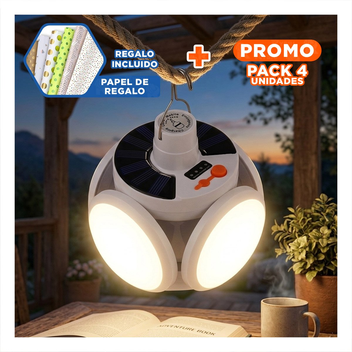 PACK4 BOMBILLA LED RECARGABLE CON PANEL SOLAR CON LUZ INTENSA PARA SALA Y+PAPEL REGALO - 1