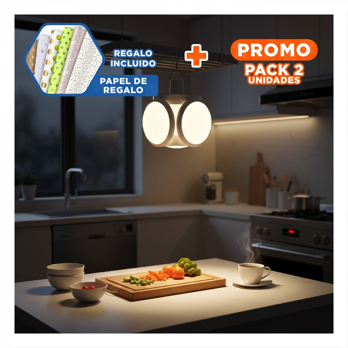PACK2 ILUMINACION LED RECARGABLE CON PANEL SOLAR CON LUZ AJUSTABLE PARA CASA Y+PAPEL REGALO - 1