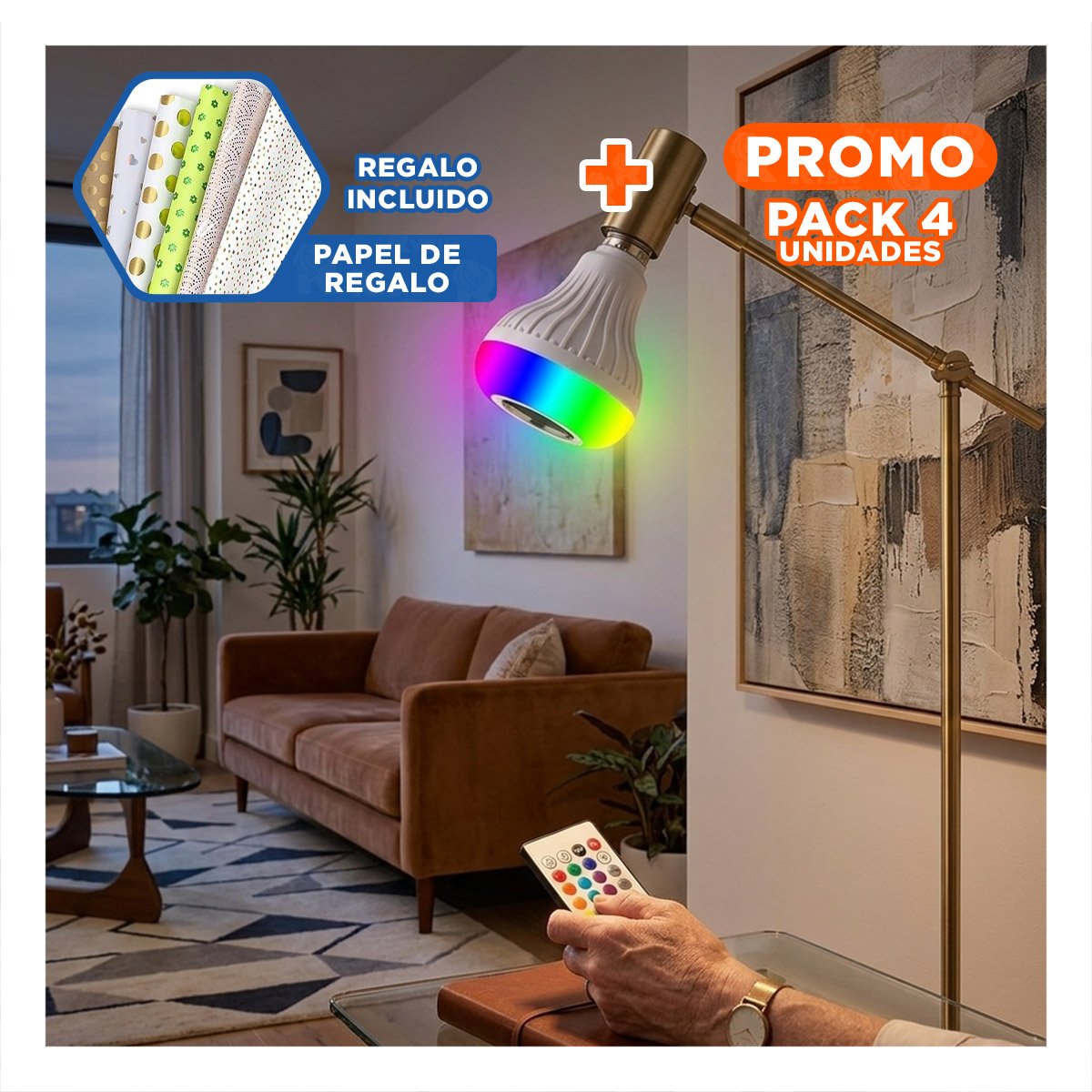 PACK4 BOMBILLA LED MUSICAL BLUETOOTH CON CONTROL DE SONIDO Y LUCES LED PARA CASA Y+PAPEL REGALO - 1