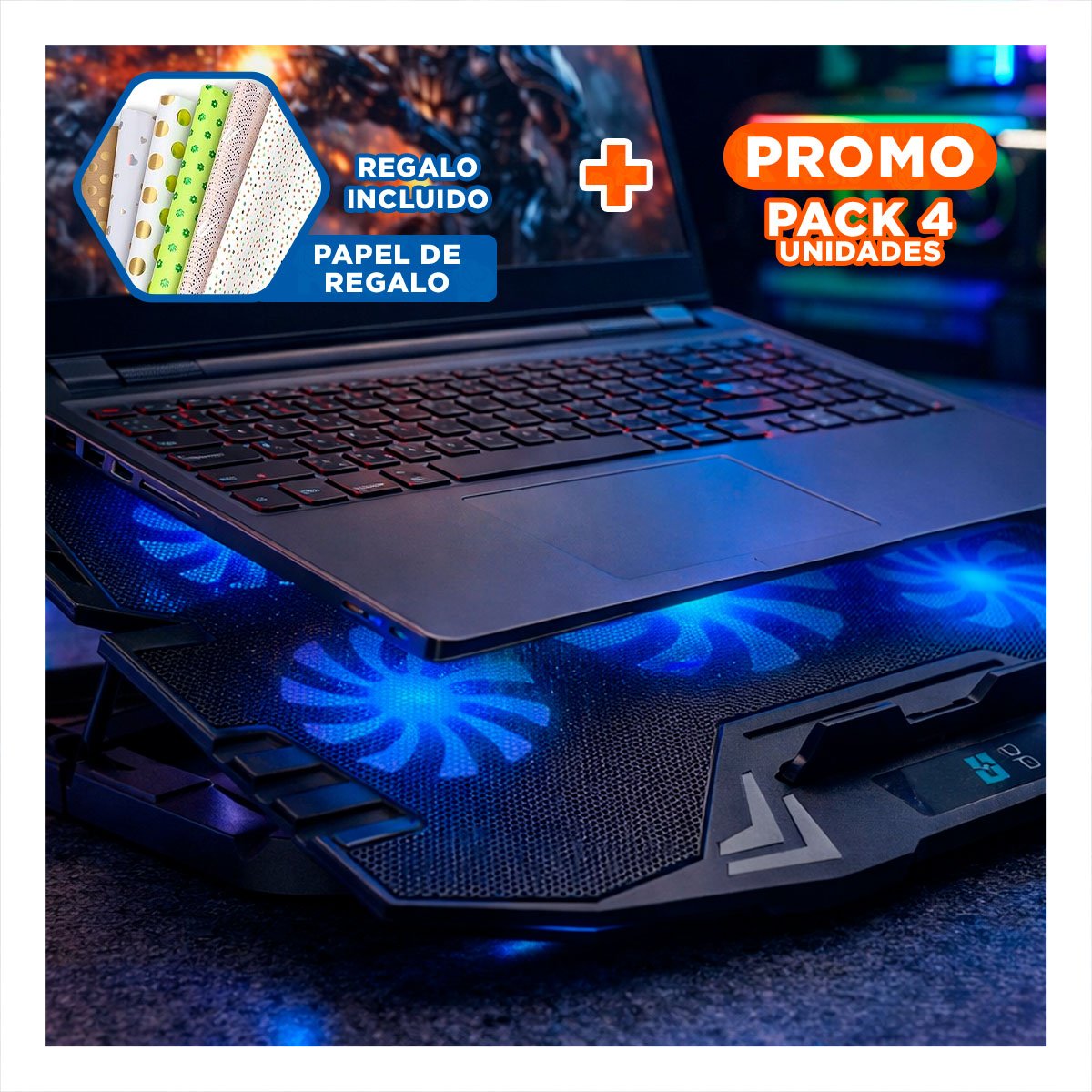 PACK4 REFRIGERADOR COMPACTO PARA LAPTOP NEGRO CON PLATAFORMA SEGURA Y+PAPEL REGALO - 1