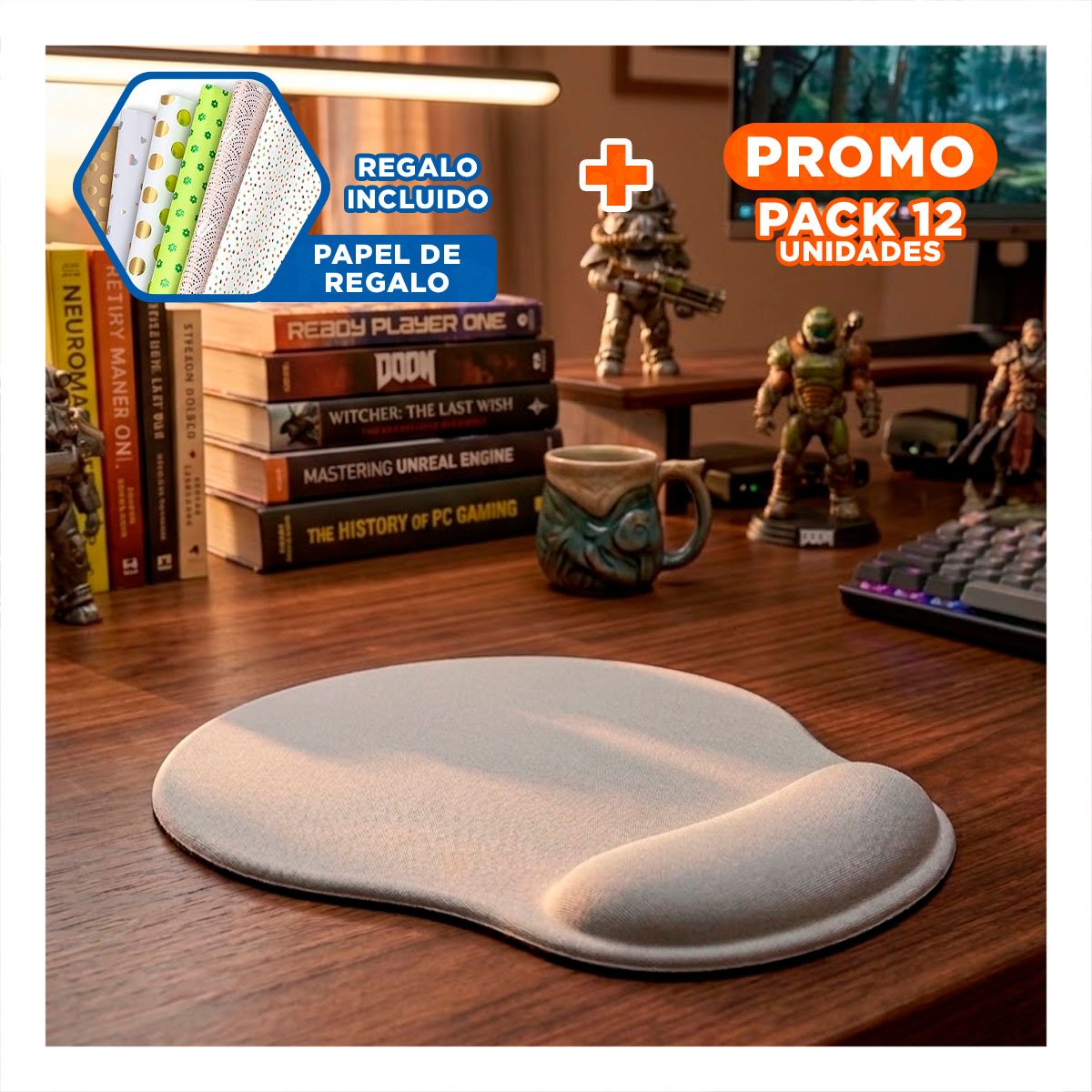 PACK12 MOUSE PAD GEL SUAVE GRIS CON DISENO COMPACTO Y COMODO PARA COMPUTADORA Y+PAPEL REGALO - 1