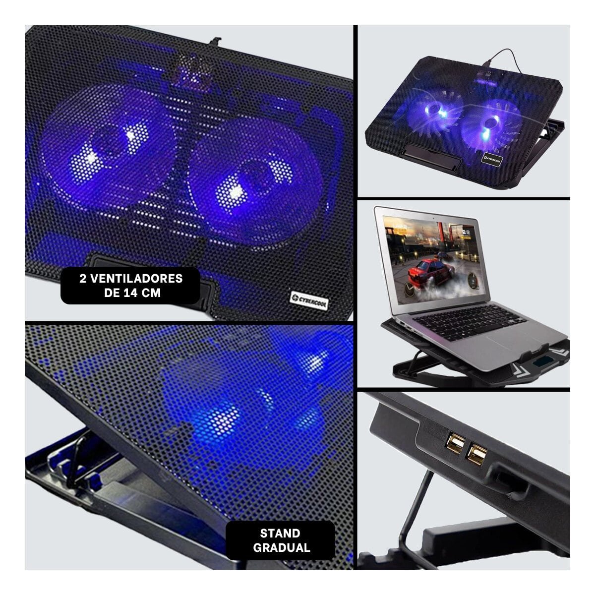 PACK4 SOPORTE ERGONOMICO PARA LAPTOP 2 VENTILADORES NEGRO CON INCLINACION Y+REGALO STICKER - 2