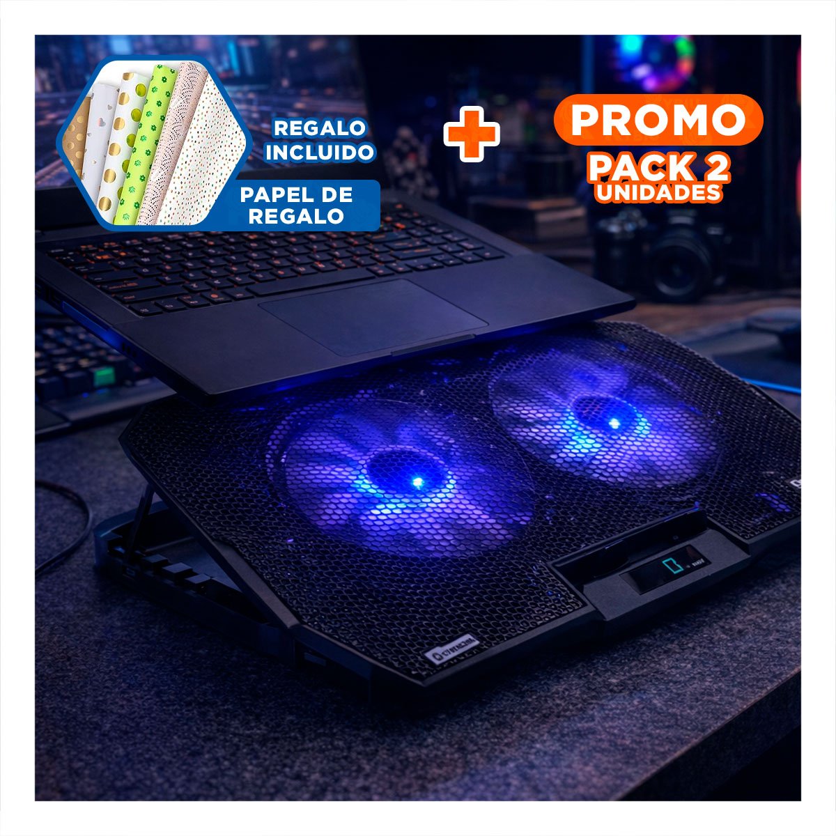 PACK2 SOPORTE PORTATIL PARA LAPTOP 2 VENTILADORES COLOR NEGRO Y+PAPEL REGALO - 1
