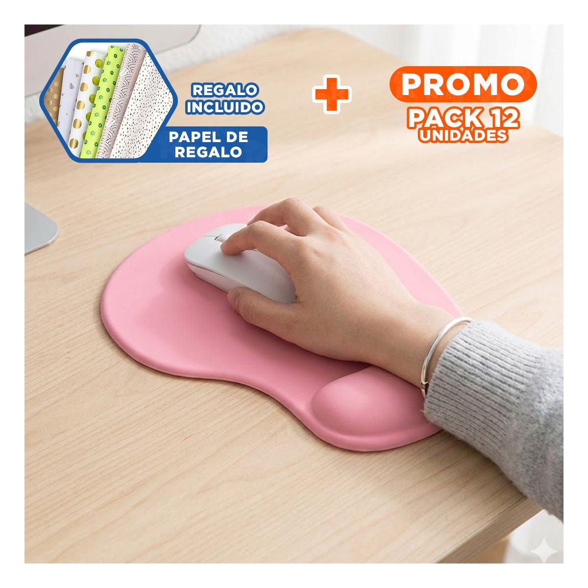 PACK12 MOUSE PAD GEL ERGONOMICO ROSADO CON SUPERFICIE SUAVE Y ESTILO COMPACTO Y+PAPEL REGALO - 1