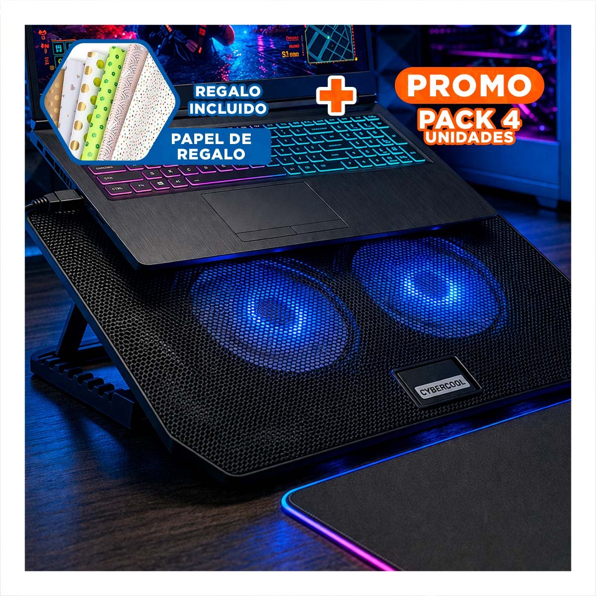 PACK4 REFRIGERADOR COMPACTO PARA LAPTOP 2 VENTILADORES CON PLATAFORMA NEGRO Y+PAPEL REGALO - 1
