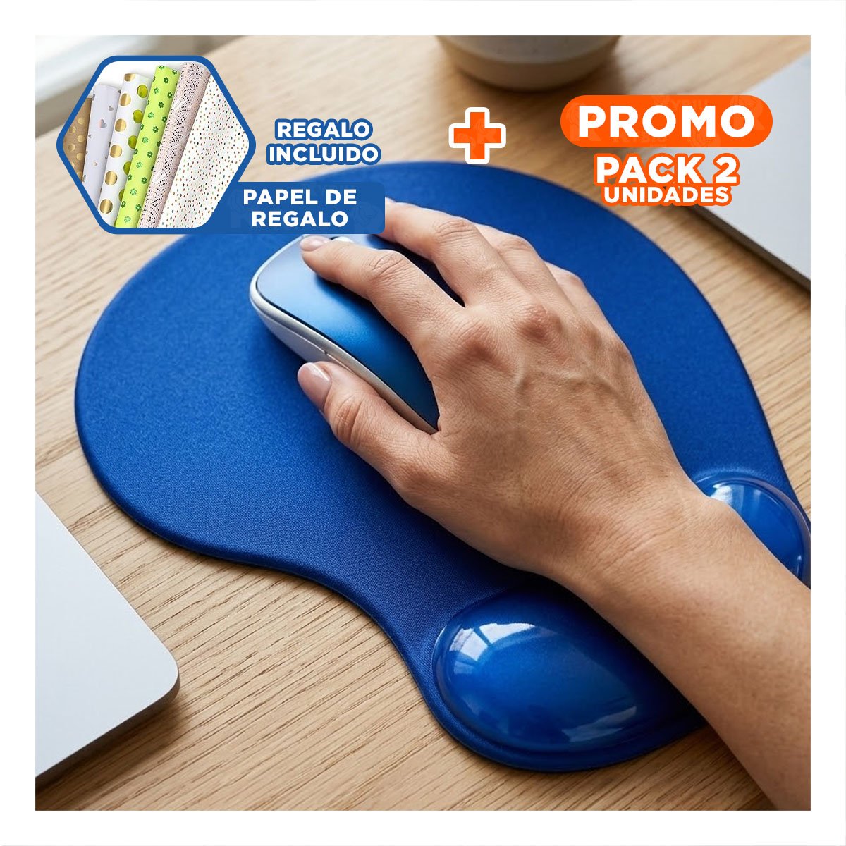 PACK2 PLATAFORMA GEL PEQUEÑA AZUL CON TEXTURA SUAVE PARA MOUSE Y LAPTOP Y+PAPEL REGALO - 1