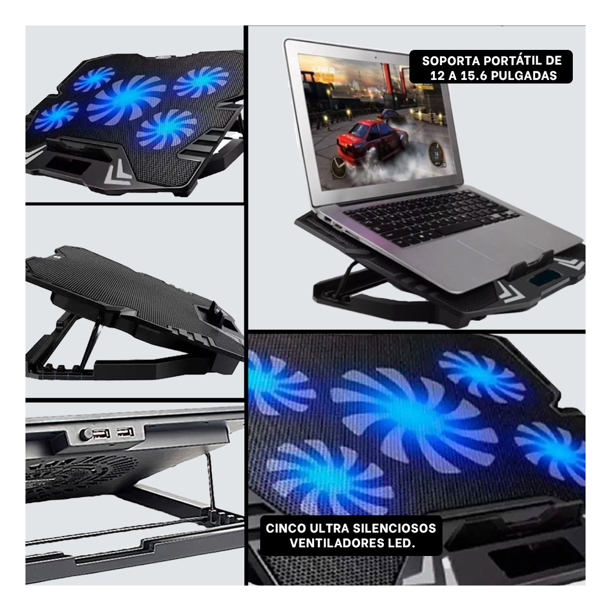 PACK6 REFRIGERADOR PORTATIL PARA LAPTOP COLOR NEGRO CON BASE FIRME Y+PAPEL REGALO - 3