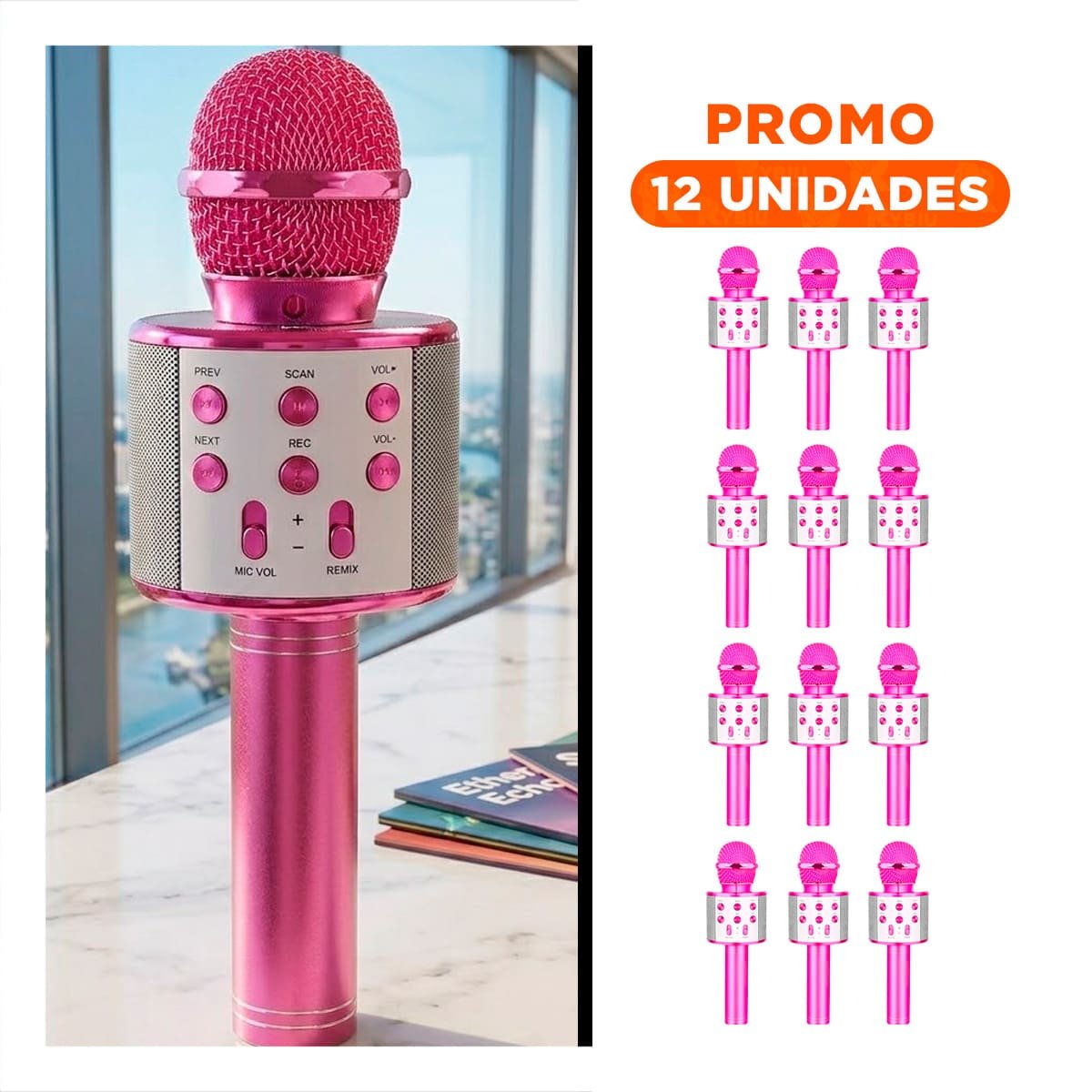 PACK12 RECARGABLE MICROFONO BLUETOOTH ROSA CON SONIDO POTENTE PARA KARAOKE - 1