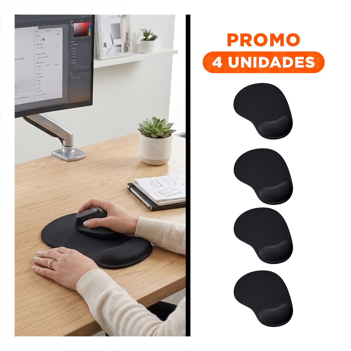 PACK4 SUPERFICIE ERGONOMICA GEL NEGRO PEQUENA CON APOYO PARA MUNECA Y+REGALO STICKER - 1