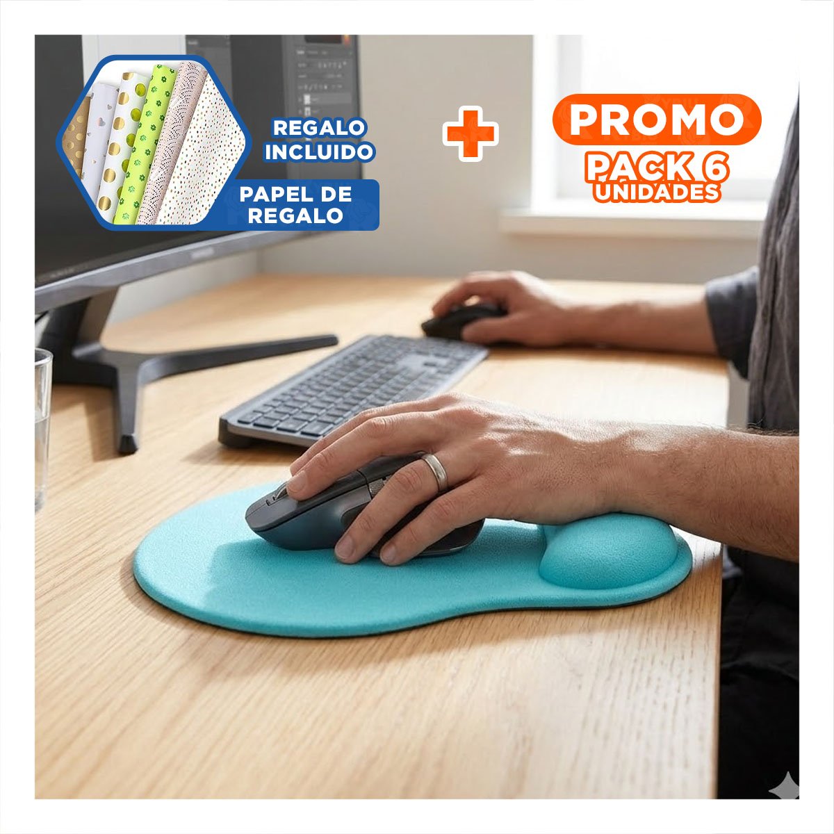 PACK6 PAD ERGONOMICO GEL CELESTE PEQUENO CON SOPORTE SUAVE Y PORTATIL Y+PAPEL REGALO - 1