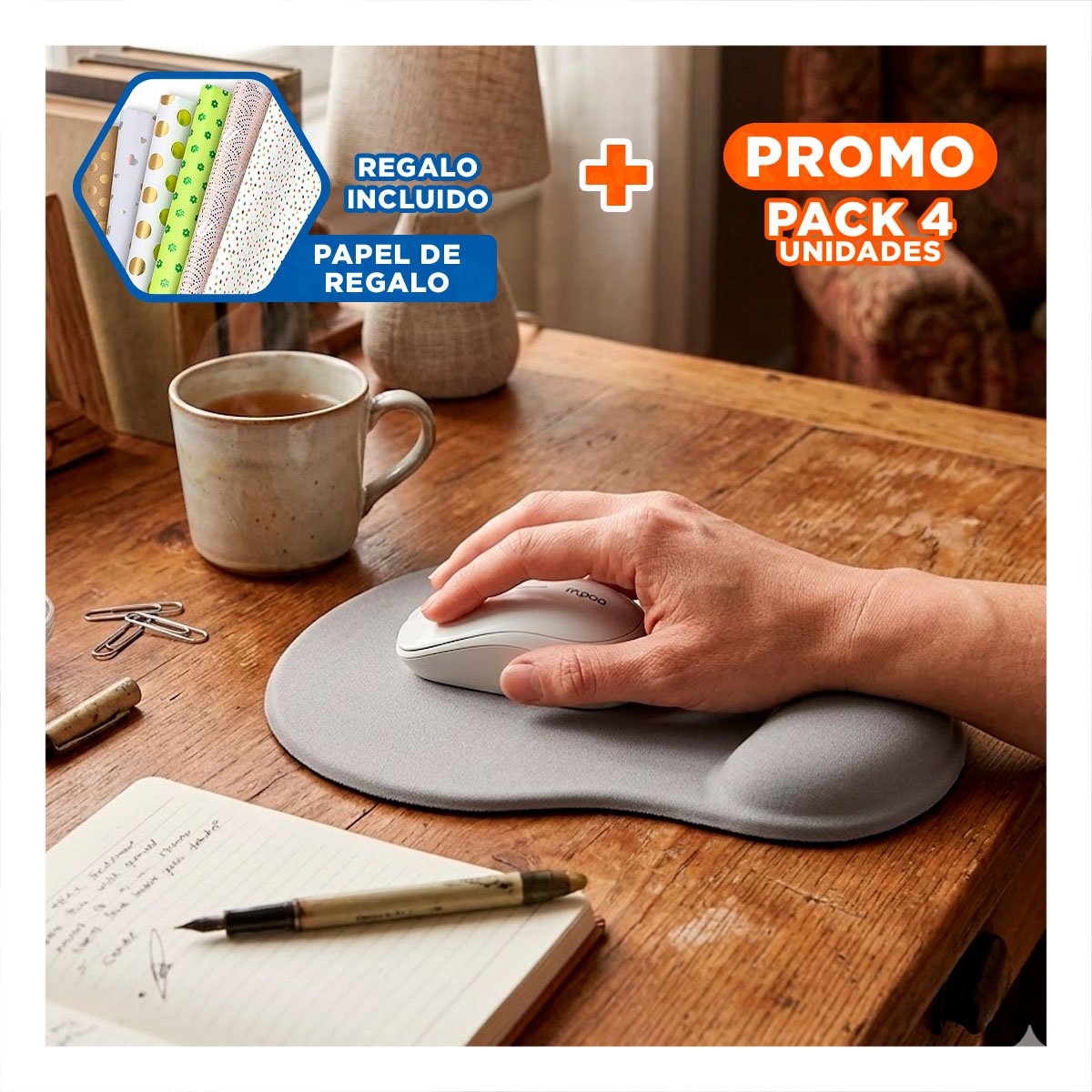 PACK4 ALFOMBRA GEL COMPACTA GRIS CON DISENO COMODO PARA COMPUTADORA Y PC Y+PAPEL REGALO - 1