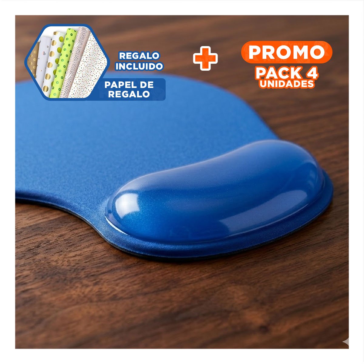 PACK4 ALFOMBRILLA GEL PORTATIL AZUL CON DISENO ERGONOMICO PARA ESCRITORIO PC Y+PAPEL REGALO - 1