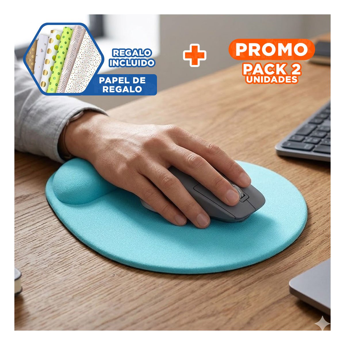 PACK2 PAD PARA MOUSE GEL CELESTE PEQUENO CON SOPORTE Y TECNOLOGIA MODERNA Y+PAPEL REGALO - 1