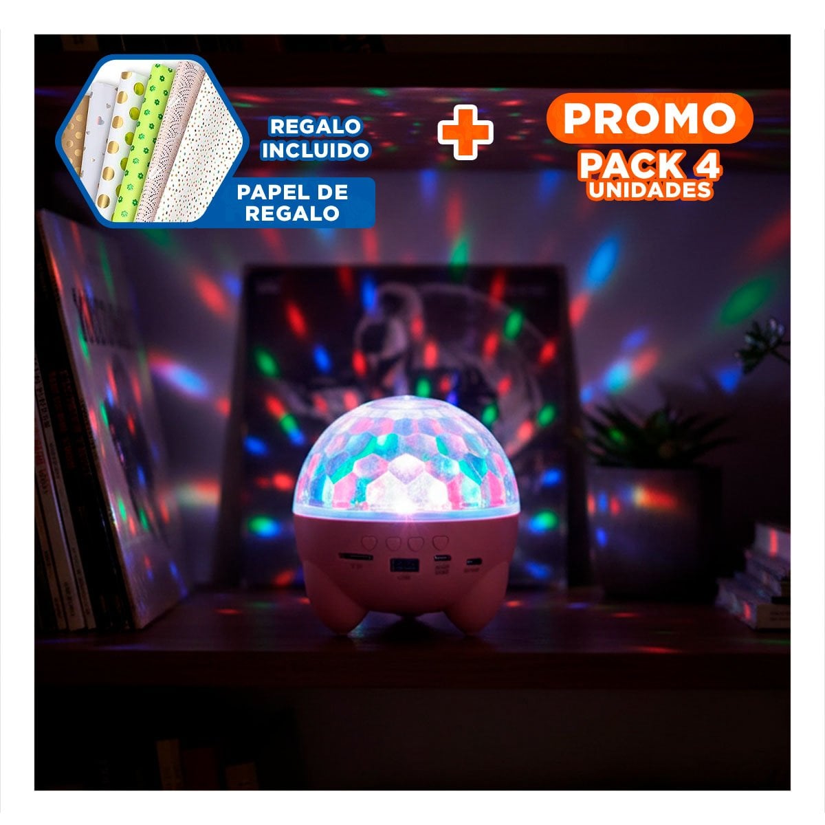 PACK4 BOCINA PORTATIL CON LAMPARA Y PROYECTOR ROSADO DE DISCOTECA CON PATITAS Y+PAPEL REGALO - 1