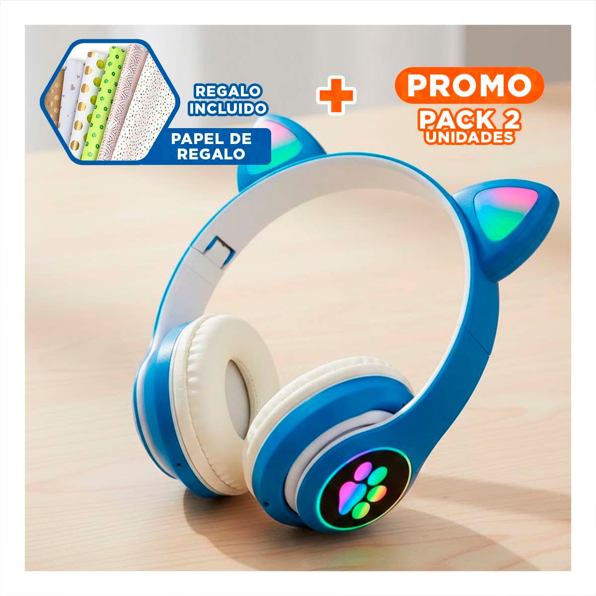PACK2 HEADSET INALAMBRICO TIPO GATO CON LUCES CON HUELLITAS PARA ACTIVIDAD AZUL Y+PAPEL REGALO - 1