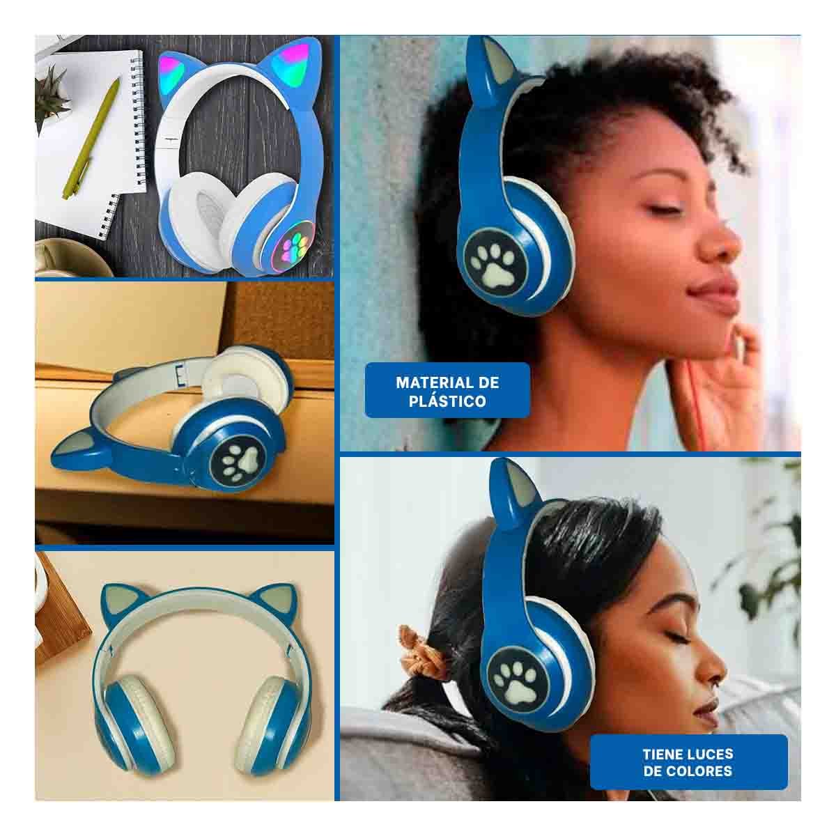 PACK2 HEADSET INALAMBRICO TIPO GATO CON LUCES CON HUELLITAS PARA ACTIVIDAD AZUL Y+PAPEL REGALO - 3
