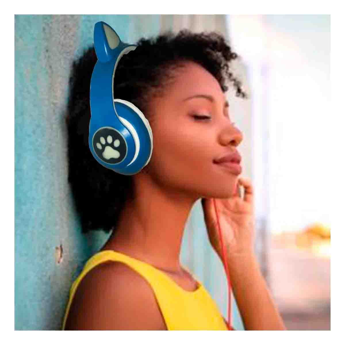 PACK2 HEADSET INALAMBRICO TIPO GATO CON LUCES CON HUELLITAS PARA ACTIVIDAD AZUL Y+PAPEL REGALO - 5
