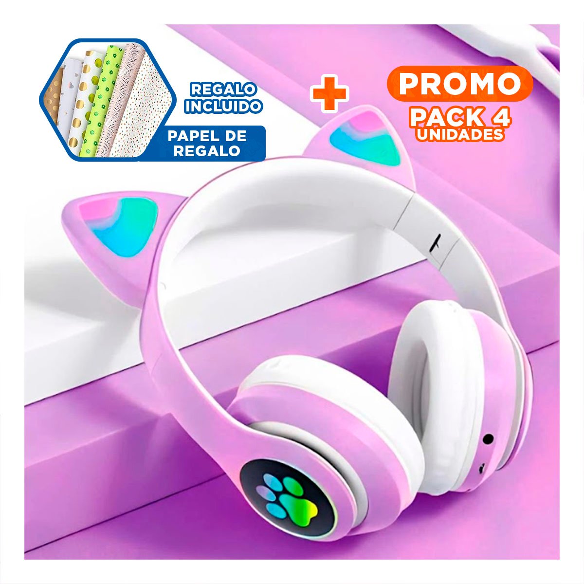 PACK4 AURICULAR STEREO TIPO GATO CON LUCES CON HUELLITAS PARA AUDIO COLOR MORADO Y+PAPEL REGALO - 1