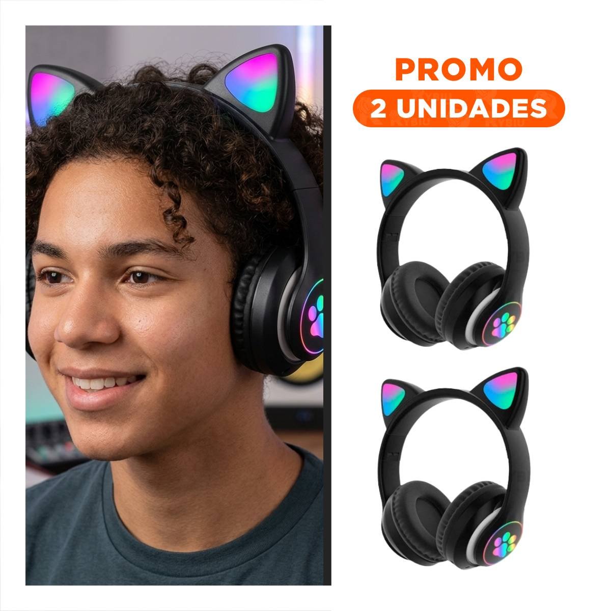 PACK2 AURICULAR BLUETOOTH TIPO GATO CON LUCES CON HUELLITAS PARA LLAMADAS COLOR NEGRO - 1