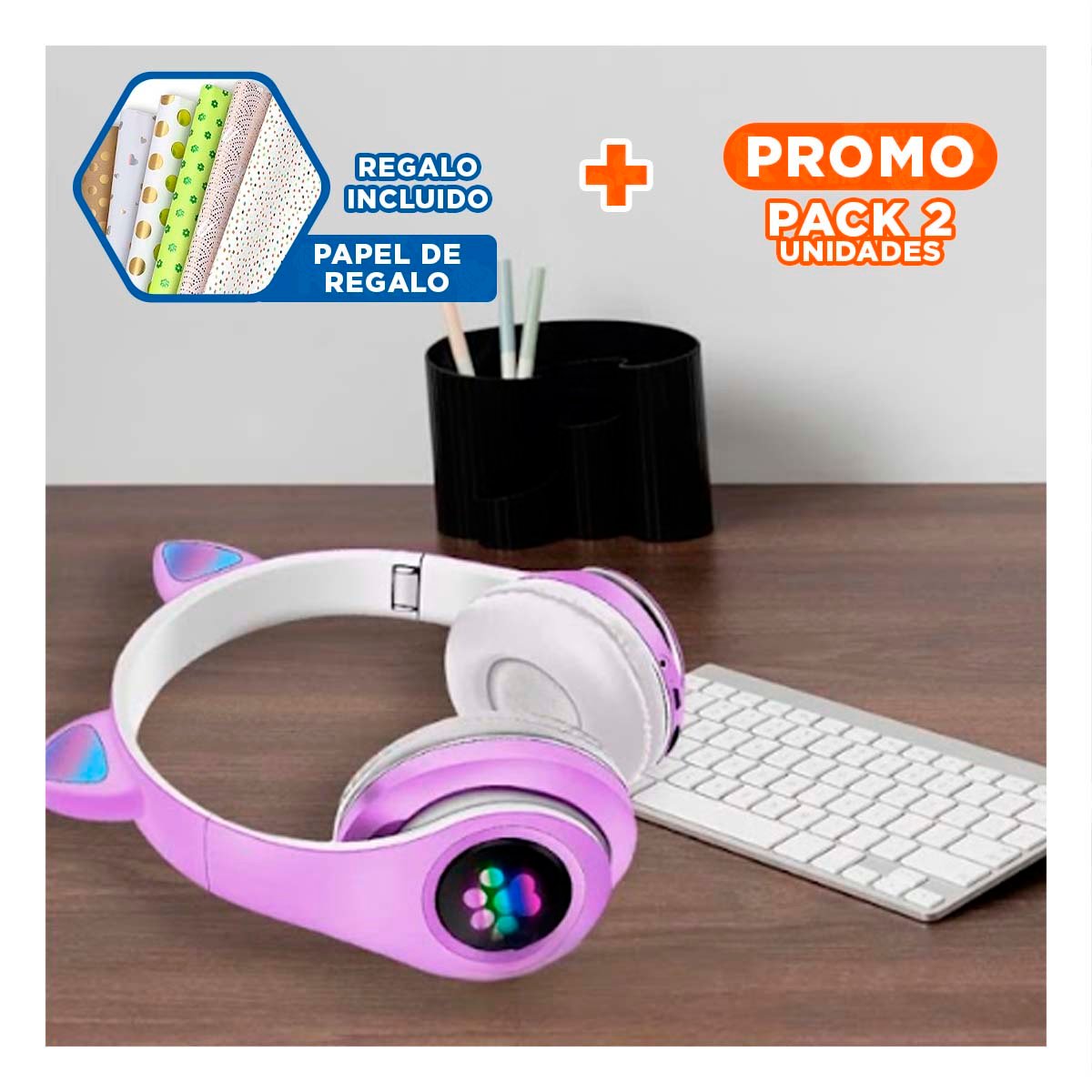 PACK2 HEADSET INALAMBRICO TIPO GATO CON LUCES CON HUELLITAS MORADO Y+PAPEL REGALO - 1