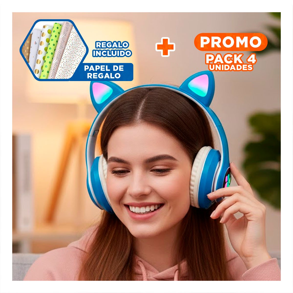 PACK4 AURICULAR STEREO TIPO GATO CON LUCES CON HUELLITAS PARA DIVERSION AZUL Y+PAPEL REGALO - 1