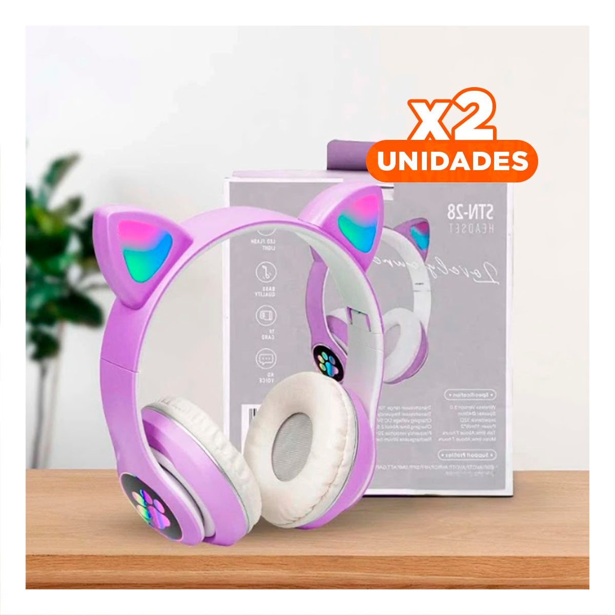 PACK2 CASCOS WIRELESS TIPO GATO CON LUCES CON HUELLITAS PARA MUSICA MORADO Y+REGALO STICKER - 1