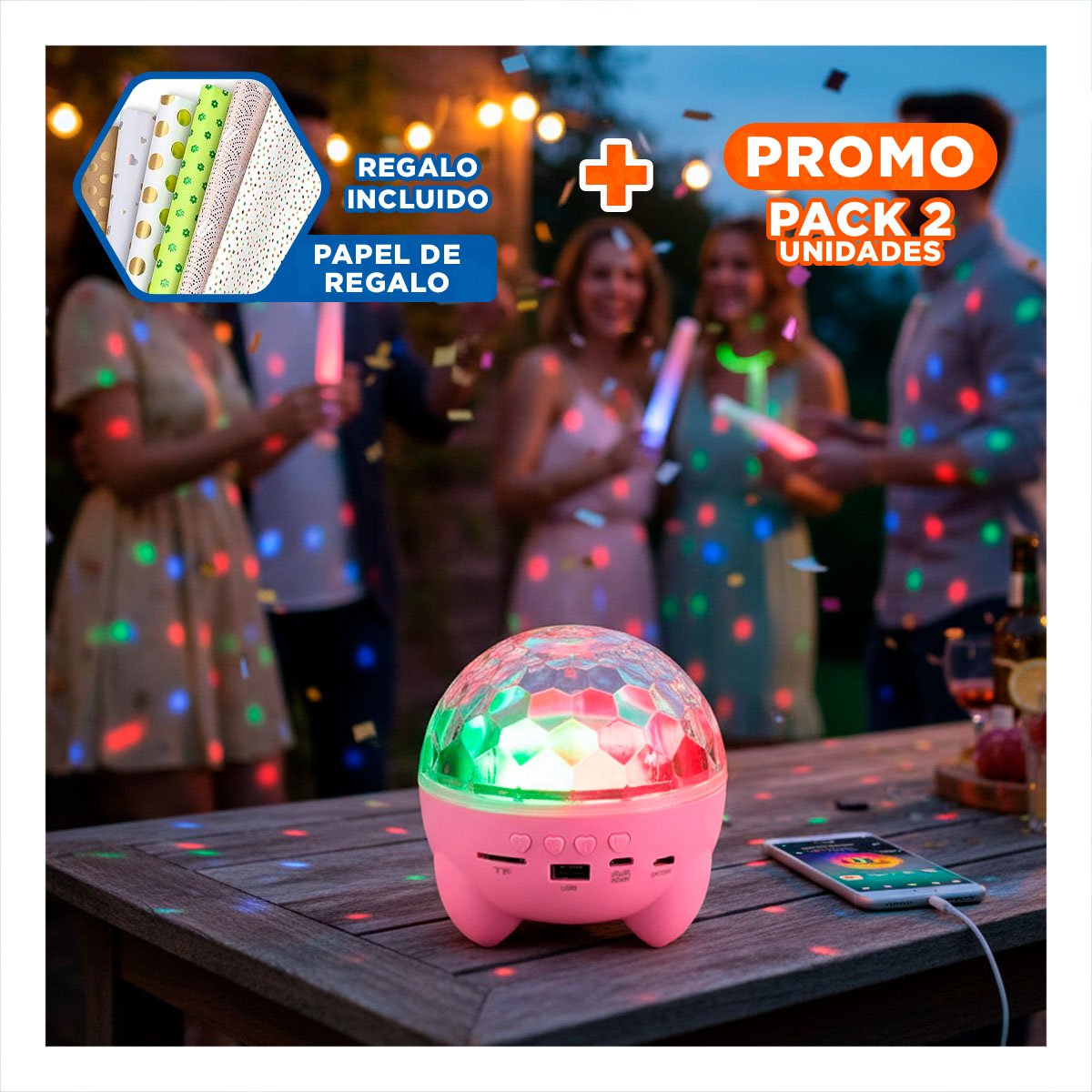 PACK2 BOCINA LED CON LAMPARA Y PROYECTOR DE COLORES COLOR ROSADO Y+PAPEL REGALO - 1
