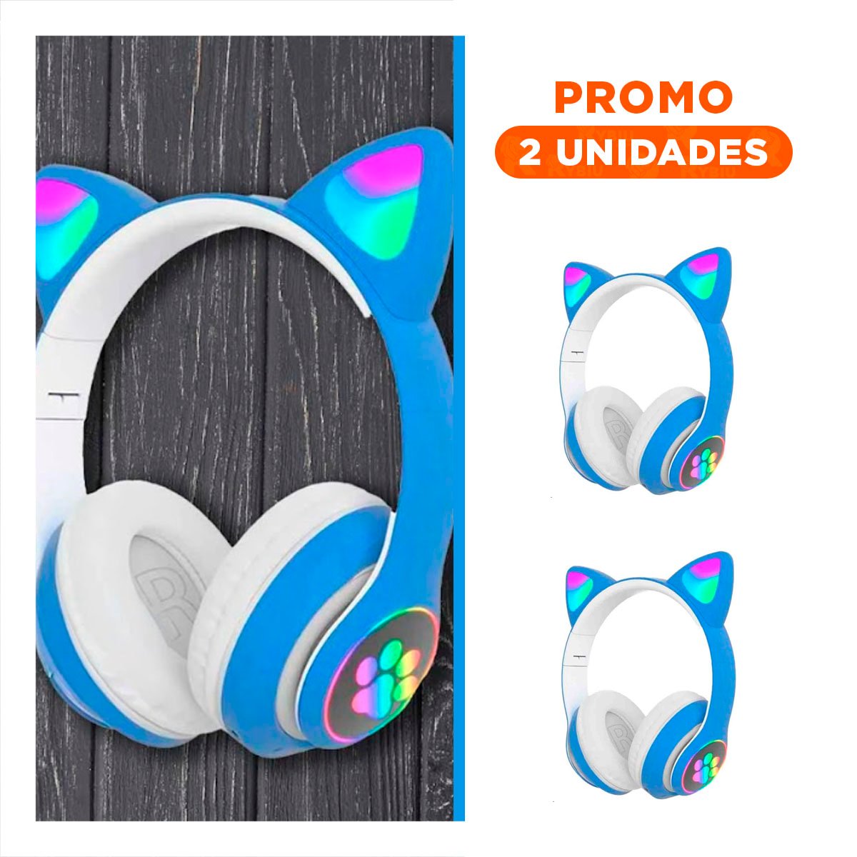 PACK2 AURICULAR BLUETOOTH TIPO GATO CON LUCES CON HUELLITAS PARA DIVERSION COLOR AZUL - 1