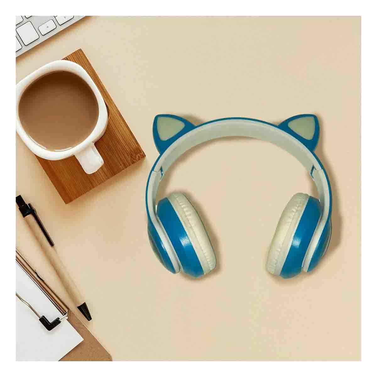 PACK2 AURICULAR BLUETOOTH TIPO GATO CON LUCES CON HUELLITAS PARA DIVERSION COLOR AZUL - 3