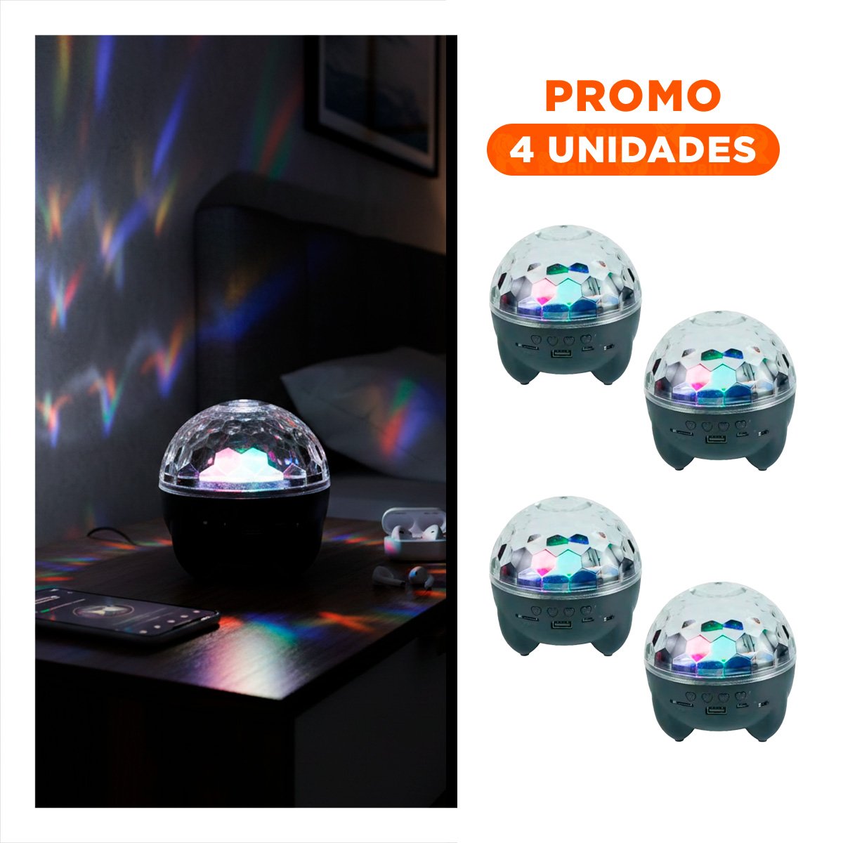 PACK4 PARLANTE MUSICA CON LAMPARA LED Y PROYECTOR COLOR NEGRO Y+REGALO STICKER - 1