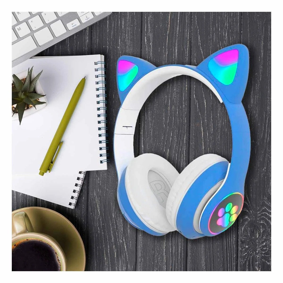 AUDIFONOS TIPO GATO CON LUCES CON HUELLITAS PARA MUSICA Y DIVERSION AZUL - 1