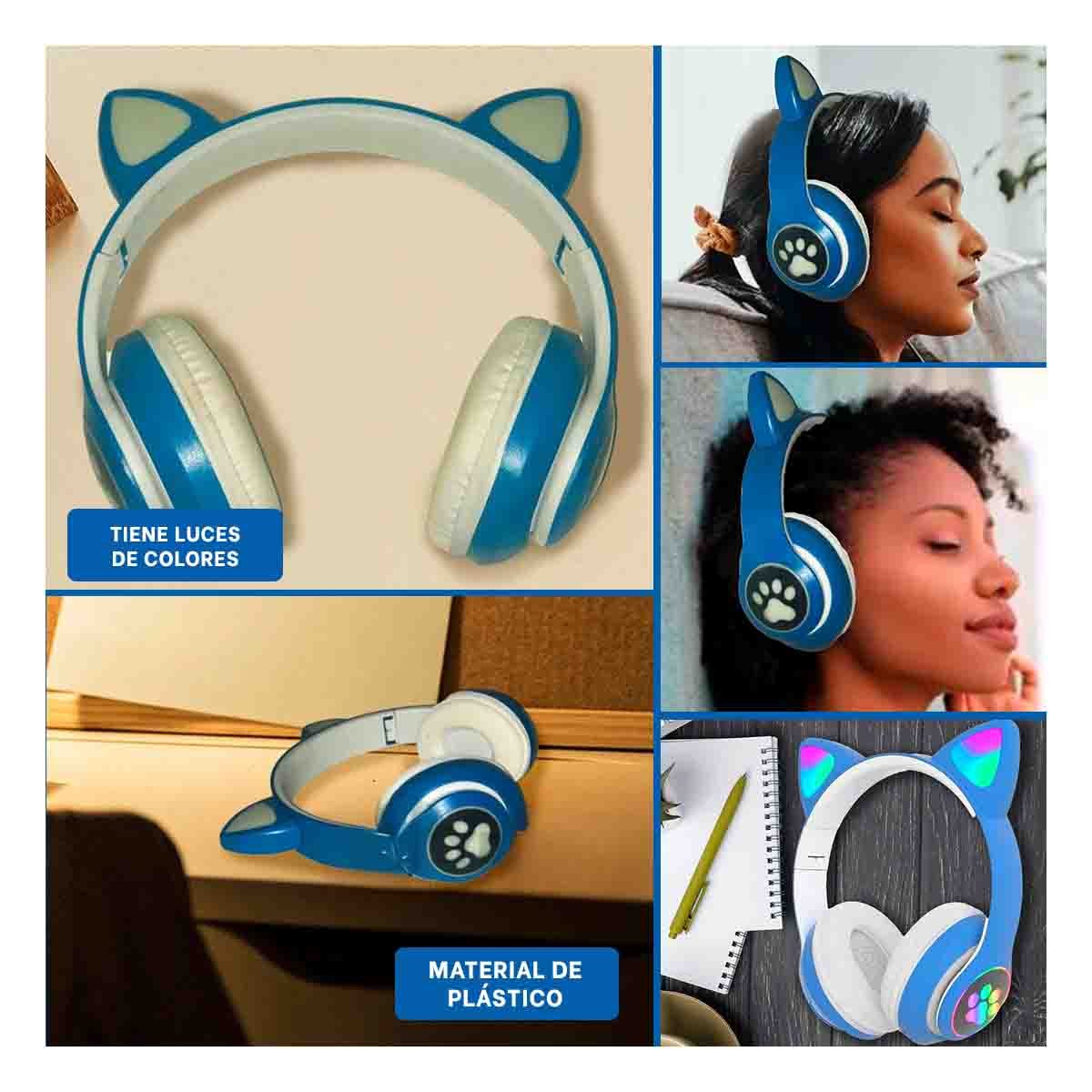 AUDIFONOS TIPO GATO CON LUCES CON HUELLITAS PARA MUSICA Y DIVERSION AZUL - 5