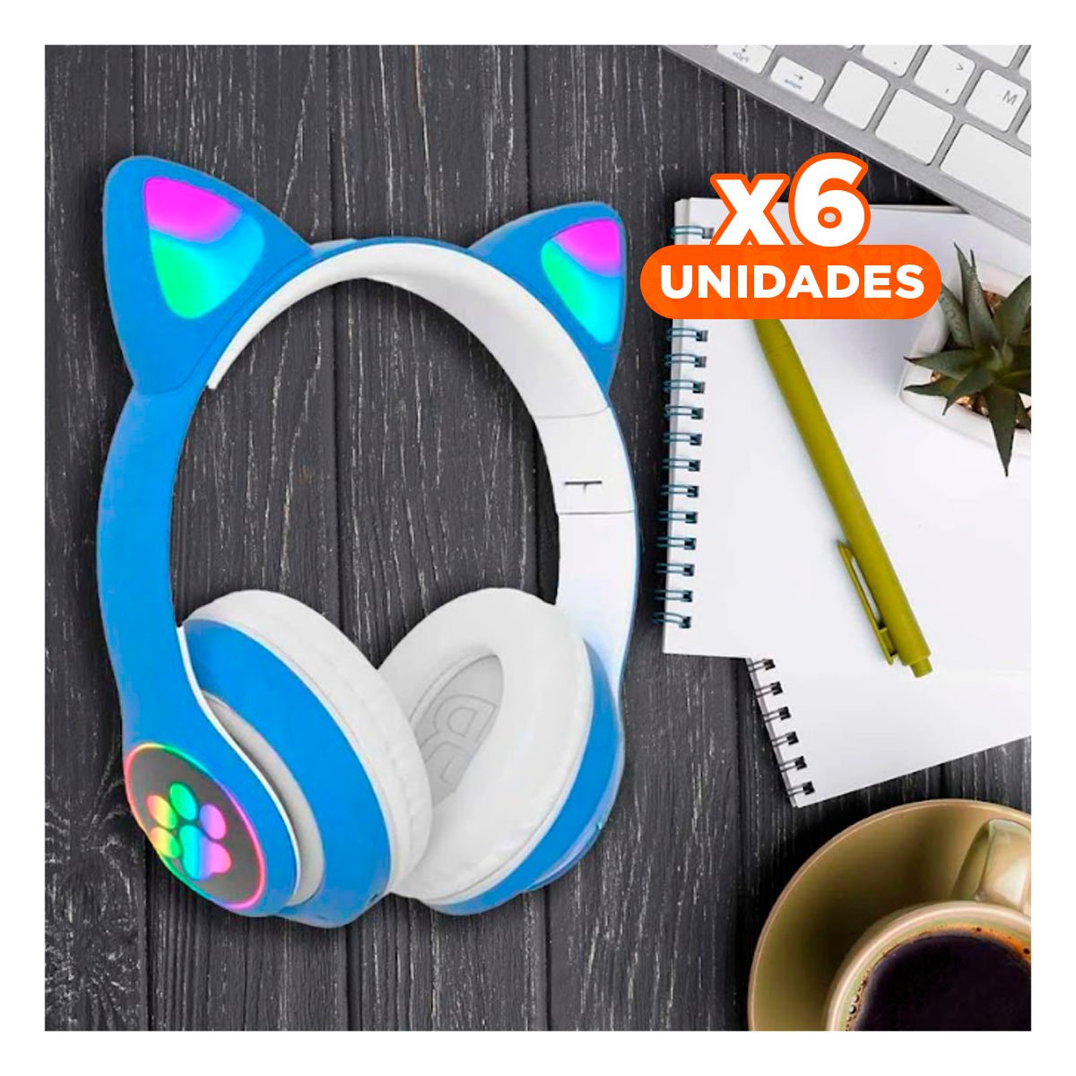 PACK6 HEADSET BLUETOOTH TIPO GATO CON LUCES CON HUELLITAS PARA AUDIO AZUL Y+REGALO STICKER - 1