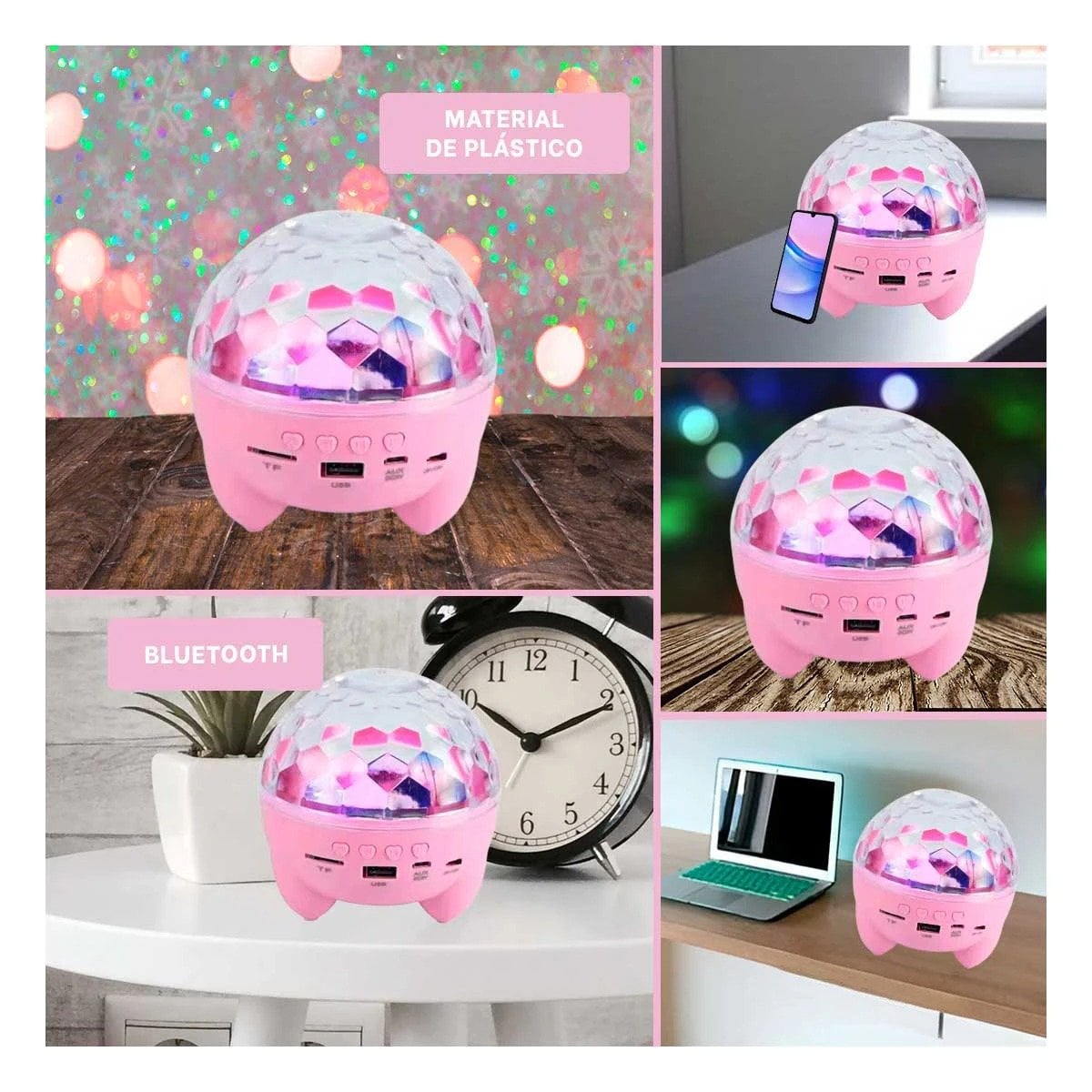 PACK4 PARLANTE LED CON LAMPARA Y PROYECTOR DE ESTRELLAS COLOR ROSADO Y+REGALO STICKER - 2