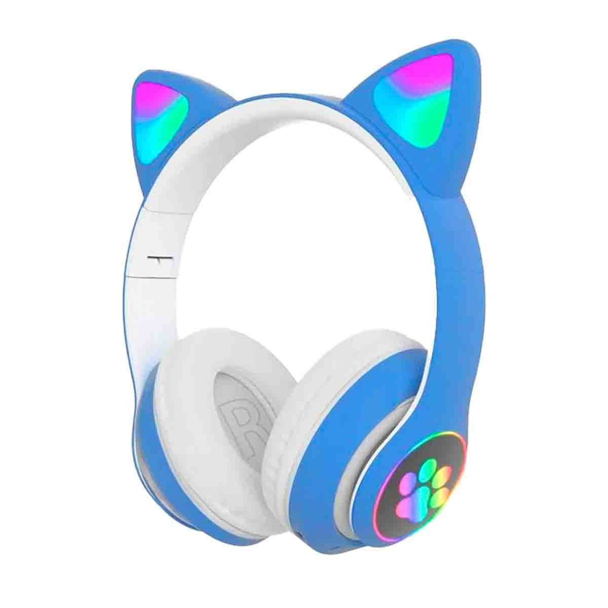 CASCOS WIRELESS TIPO GATO CON LUCES CON HUELLITAS PARA MUSICA Y AUDIO COLOR AZUL Y+LIGAS REGALO - 3