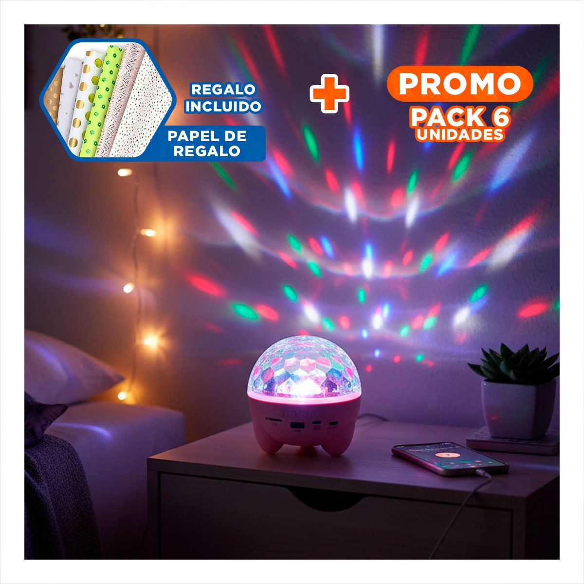 PACK6 SONIDO LAMPARA LED CON PROYECTOR COLOR ROSADO Y+PAPEL REGALO - 1