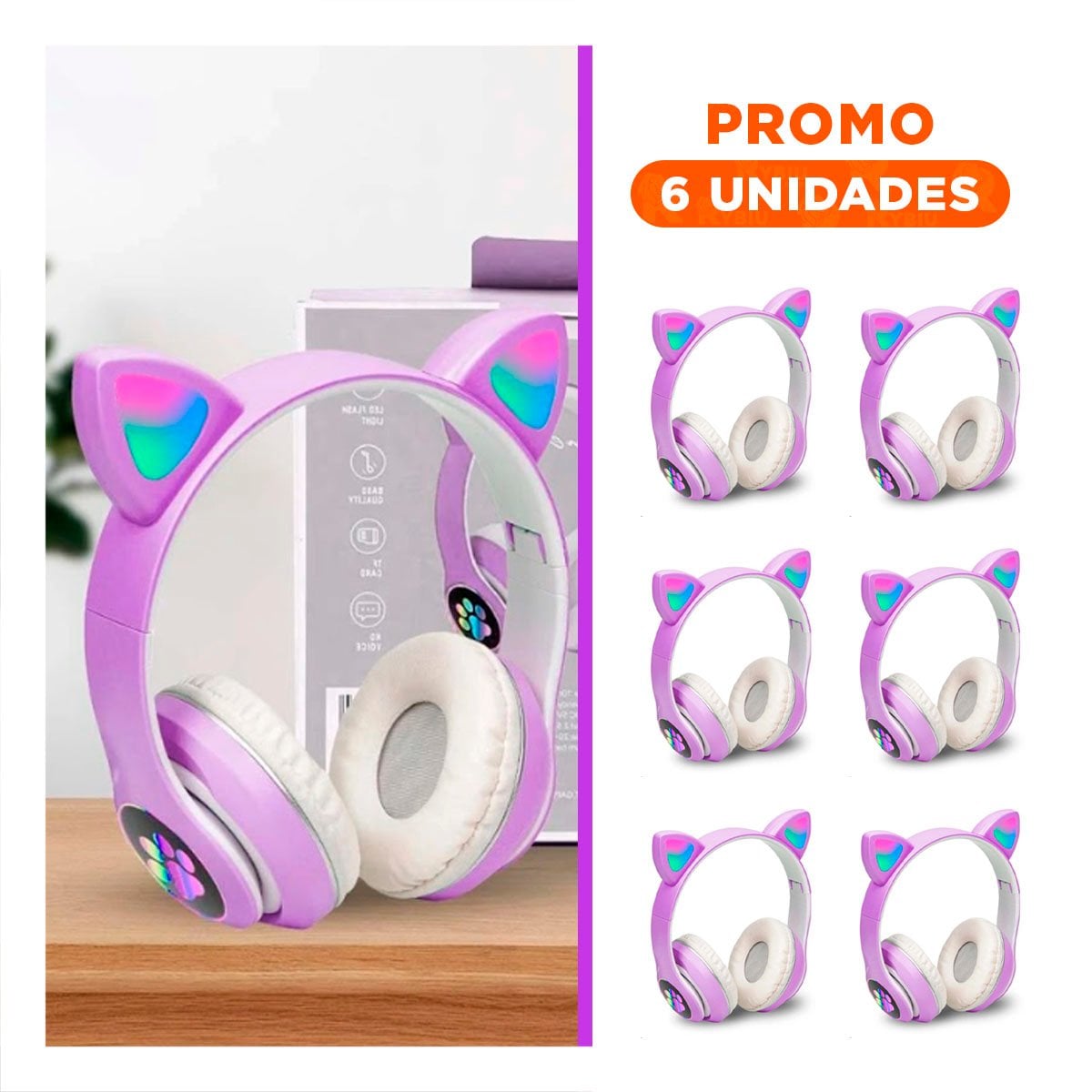 PACK6 AUDIFONOS INALAMBRICO TIPO GATO CON LUCES CON HUELLITAS PARA EJERCICIOS COLOR MORADO - 1