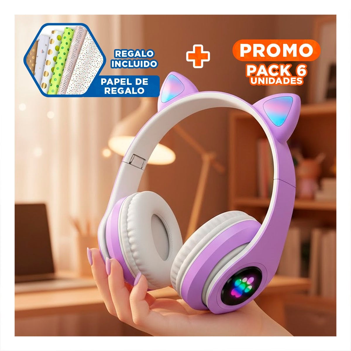 PACK6 AURICULAR WIRELESS TIPO GATO CON LUCES CON HUELLITAS MORADO Y+PAPEL REGALO - 1