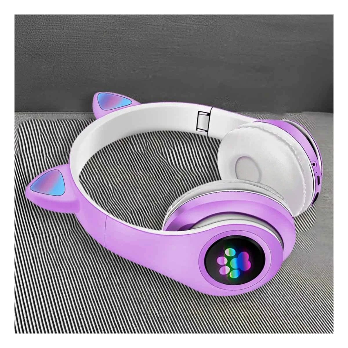 PACK6 AURICULAR WIRELESS TIPO GATO CON LUCES CON HUELLITAS MORADO Y+PAPEL REGALO - 2
