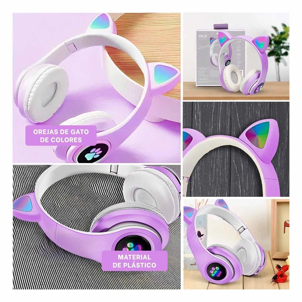 PACK6 AURICULAR WIRELESS TIPO GATO CON LUCES CON HUELLITAS MORADO Y+PAPEL REGALO - 3