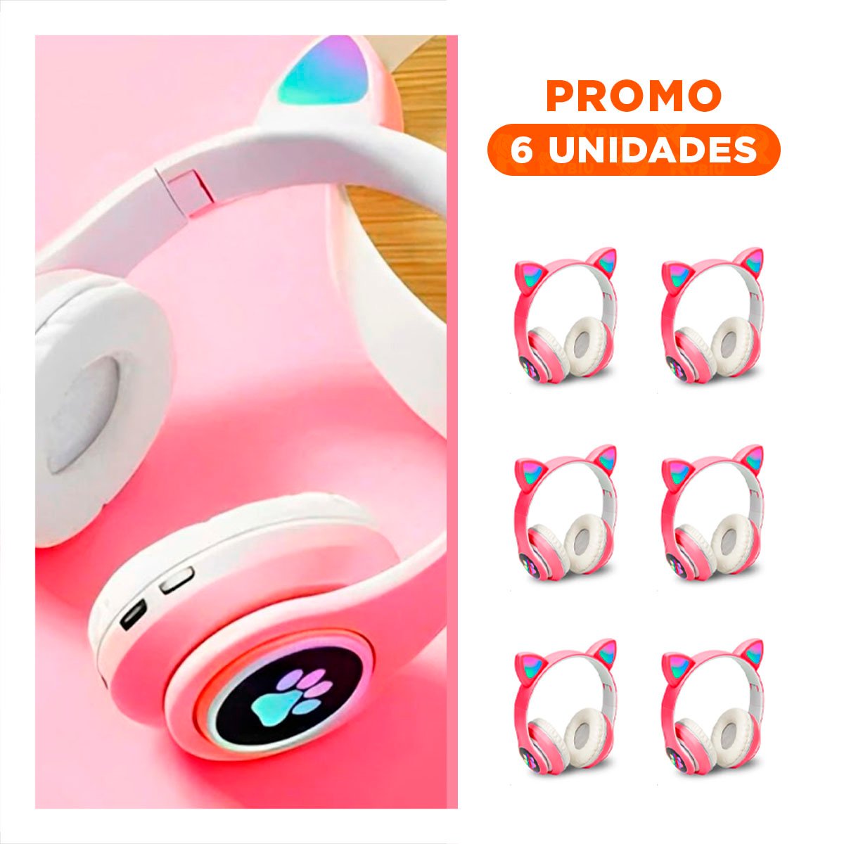 PACK6 AUDIFONOS INALAMBRICO TIPO GATO CON LUCES CON HUELLITAS PARA ACTIVIDAD COLOR FUCSIA - 1
