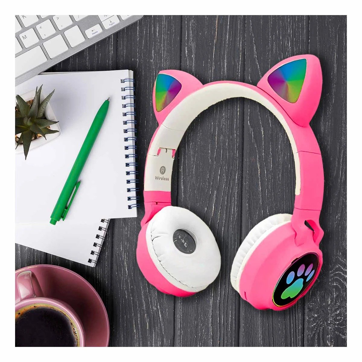 PACK6 AUDIFONOS INALAMBRICO TIPO GATO CON LUCES CON HUELLITAS PARA ACTIVIDAD COLOR FUCSIA - 2