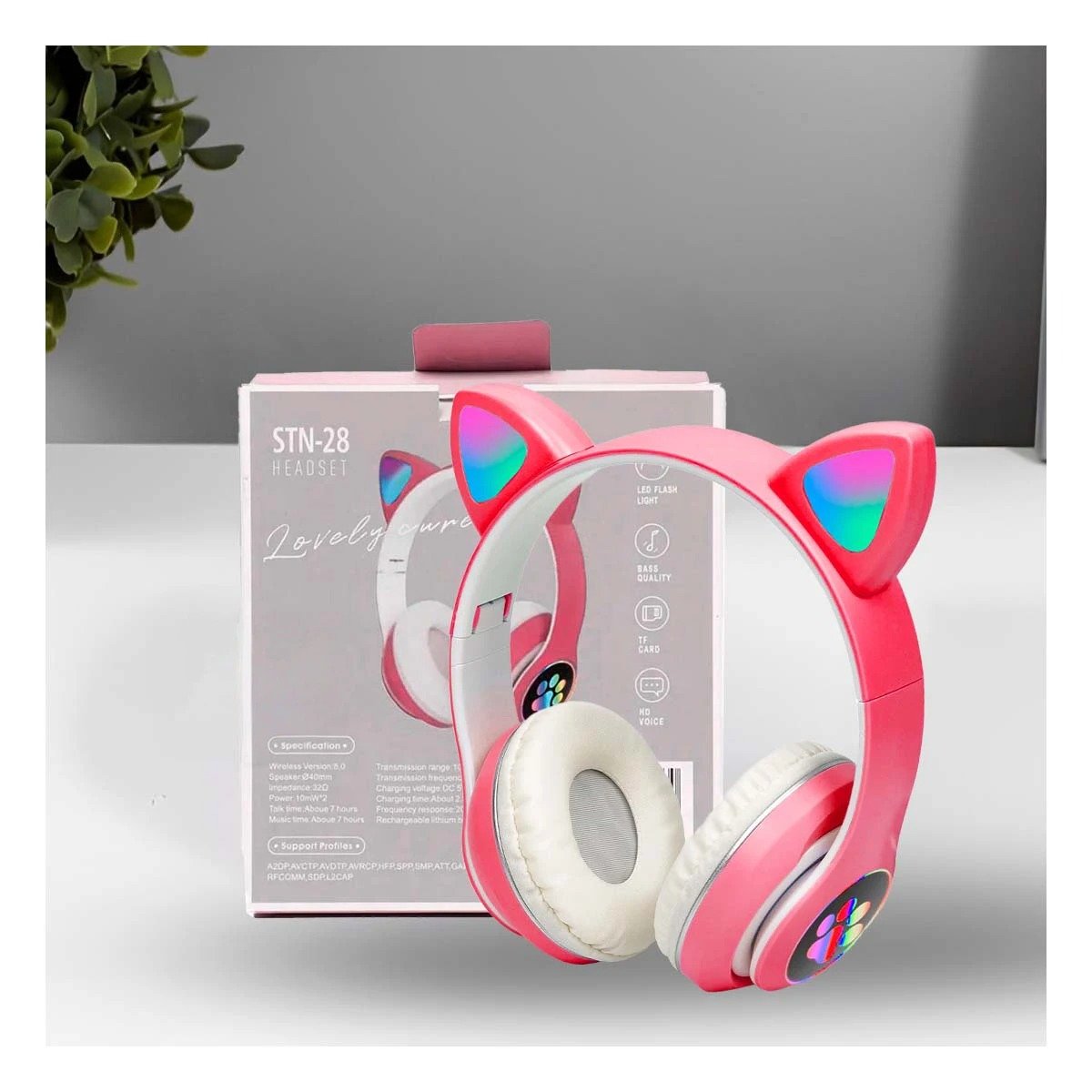 PACK6 AUDIFONOS INALAMBRICO TIPO GATO CON LUCES CON HUELLITAS PARA ACTIVIDAD COLOR FUCSIA - 3