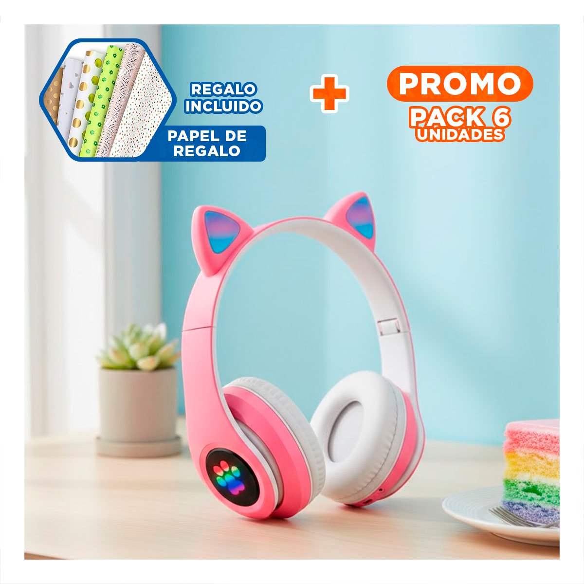 PACK6 AURICULAR WIRELESS TIPO GATO CON LUCES CON HUELLITAS COLOR FUCSIA Y+PAPEL REGALO - 1