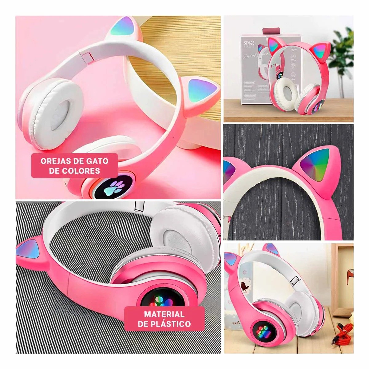 PACK6 AURICULAR WIRELESS TIPO GATO CON LUCES CON HUELLITAS COLOR FUCSIA Y+PAPEL REGALO - 3