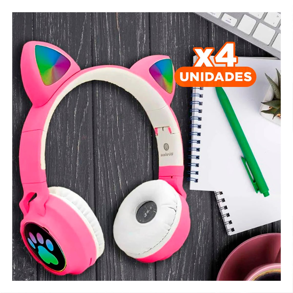 PACK4 AUDIFONOS DEPORTIVOS TIPO GATO CON LUCES CON HUELLITAS PARA RELAJACION FUCSIA - 1