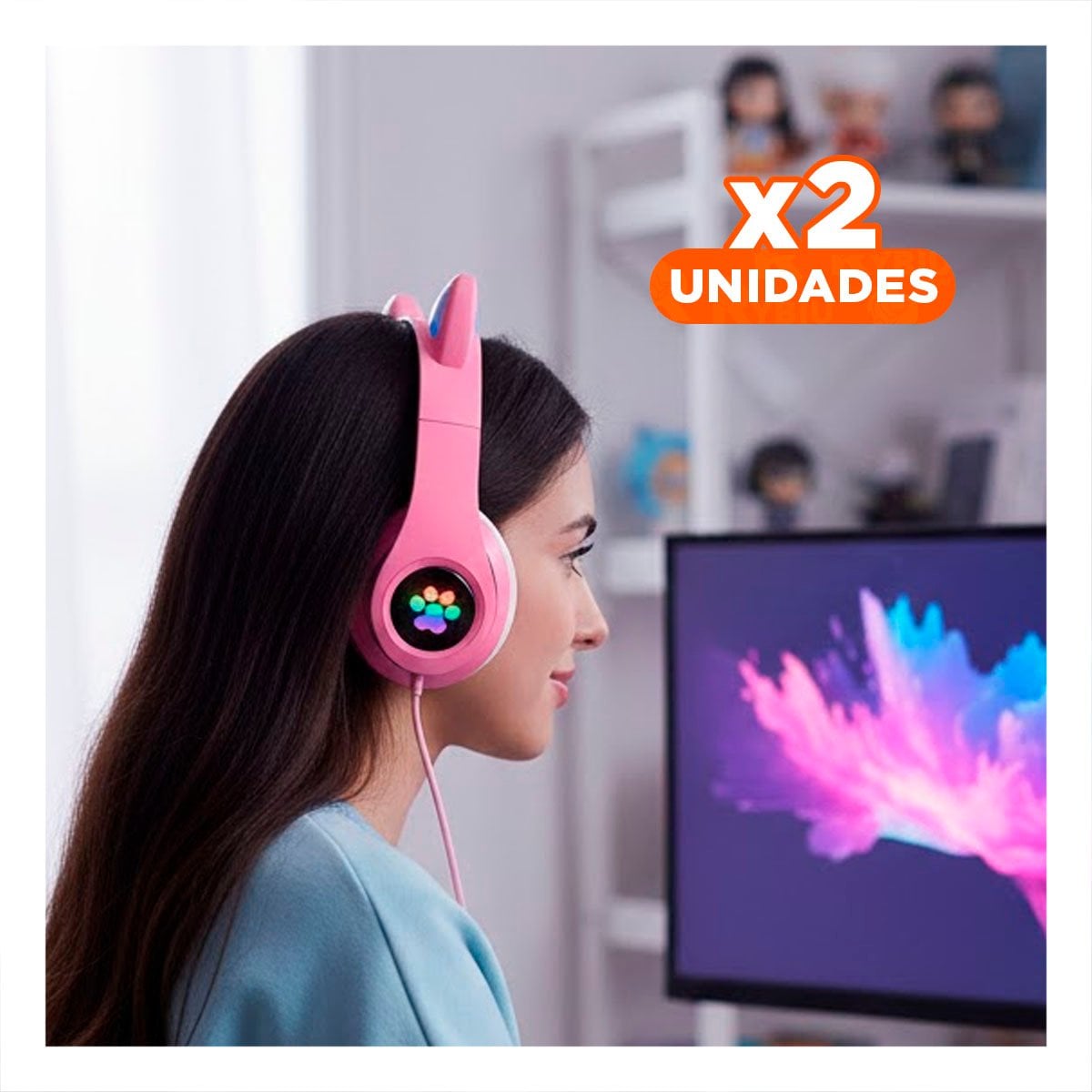 PACK2 CASCOS WIRELESS TIPO GATO CON LUCES CON HUELLITAS PARA MUSICA FUCSIA Y+REGALO STICKER - 1