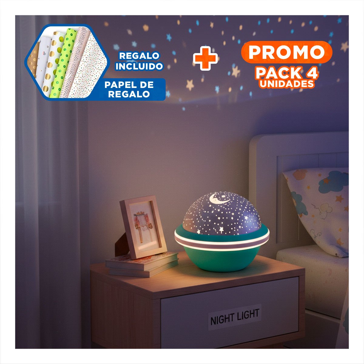 PACK4 FOCO LED GIRATORIO DE GALAXIA VERDE AGUA PARA DORMITORIO Y+PAPEL REGALO - 1