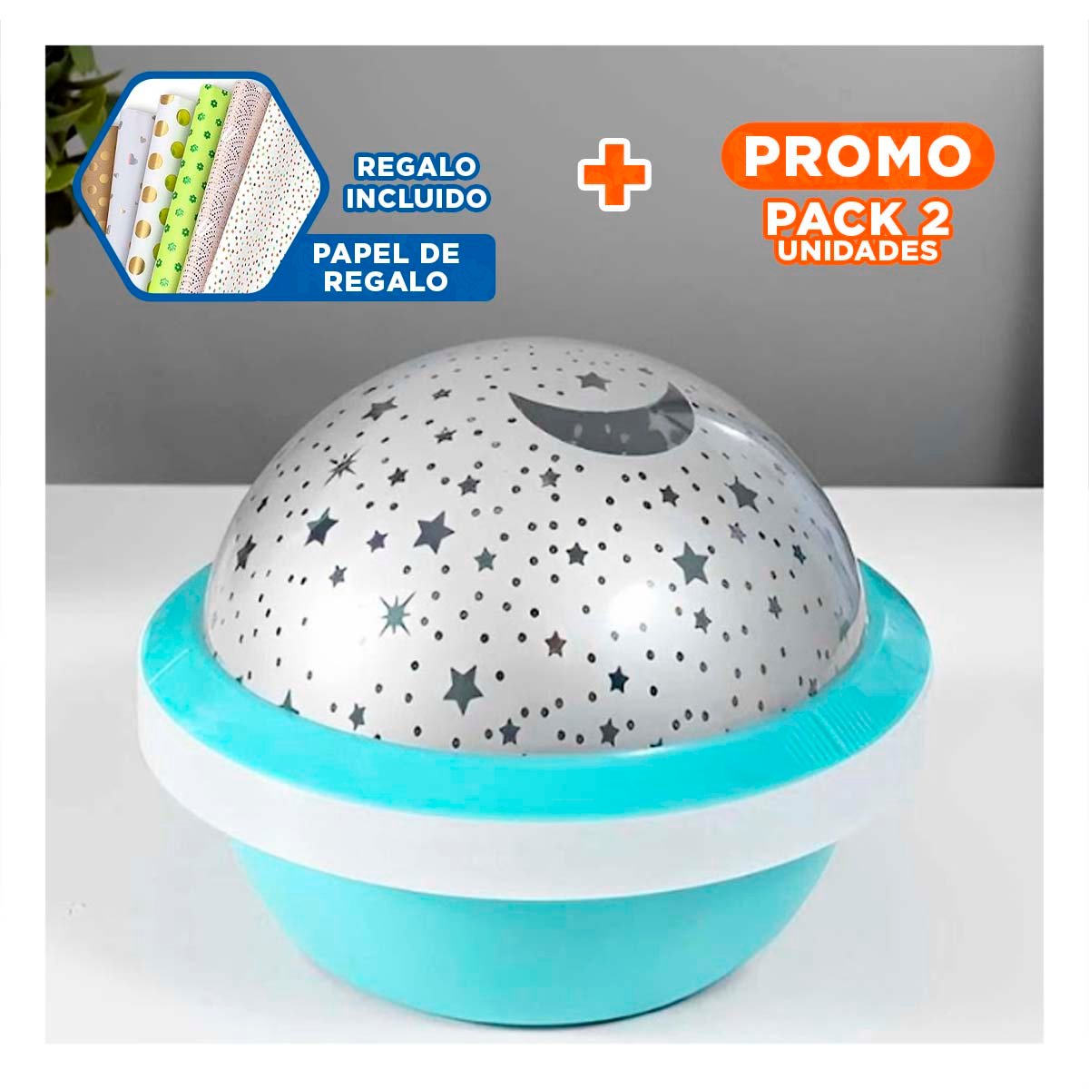 PACK2 LUZ DE NOCHE GIRATORIA DE CIELO COLOR CELESTE LED Y+PAPEL REGALO - 1