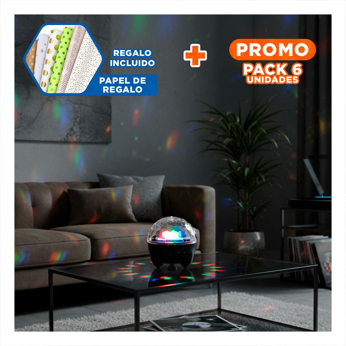 PACK6 SONIDO LAMPARA LED CON PROYECTOR DE COLORES COLOR NEGRO Y+PAPEL REGALO - 1